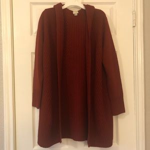 Hooded red knit cardigan